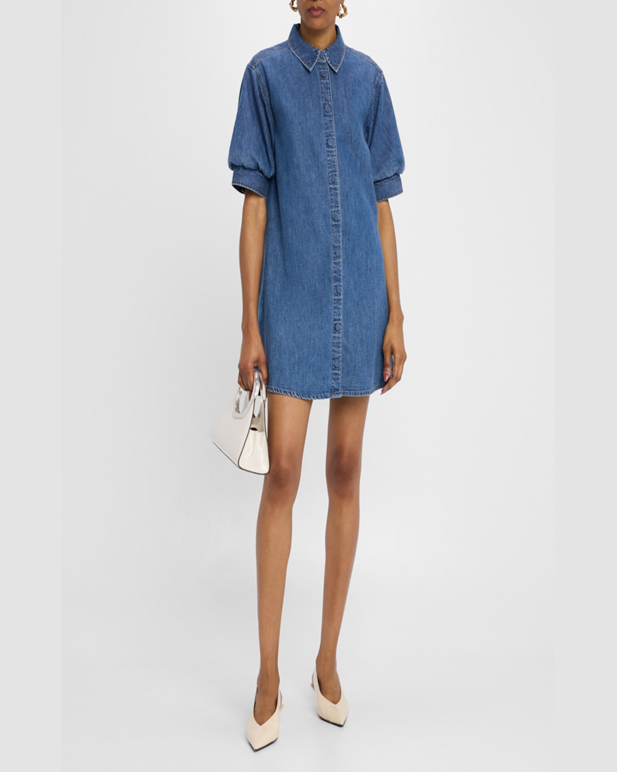 Frame Puffed-shoulder Denim Shirtdress In Antonia