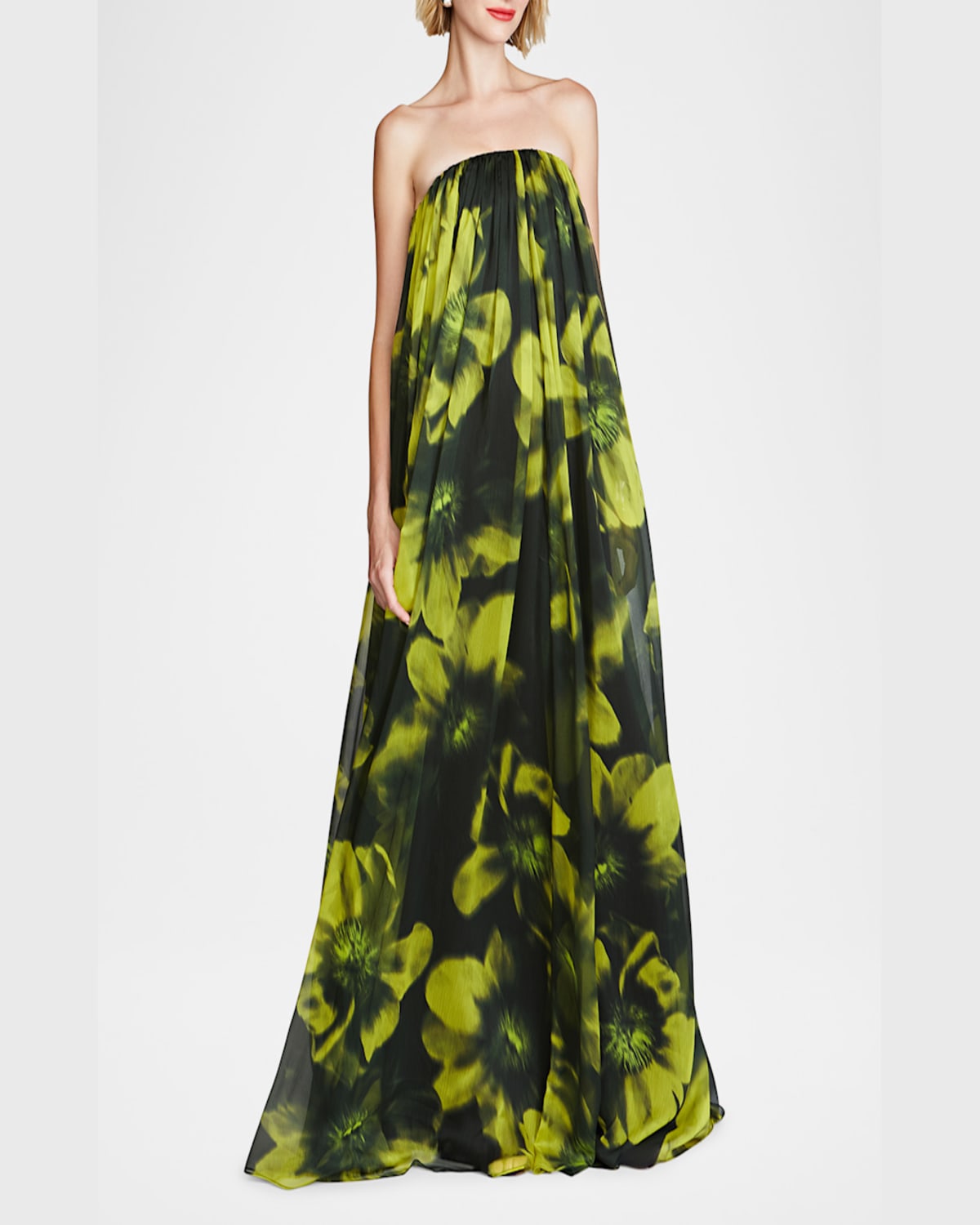 HALSTON CLAUDETTE STRAPLESS FLORAL-PRINT TRAPEZE GOWN 