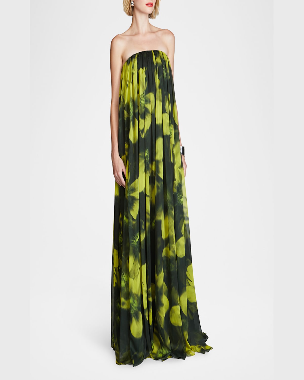 HALSTON CLAUDETTE STRAPLESS FLORAL-PRINT TRAPEZE GOWN 