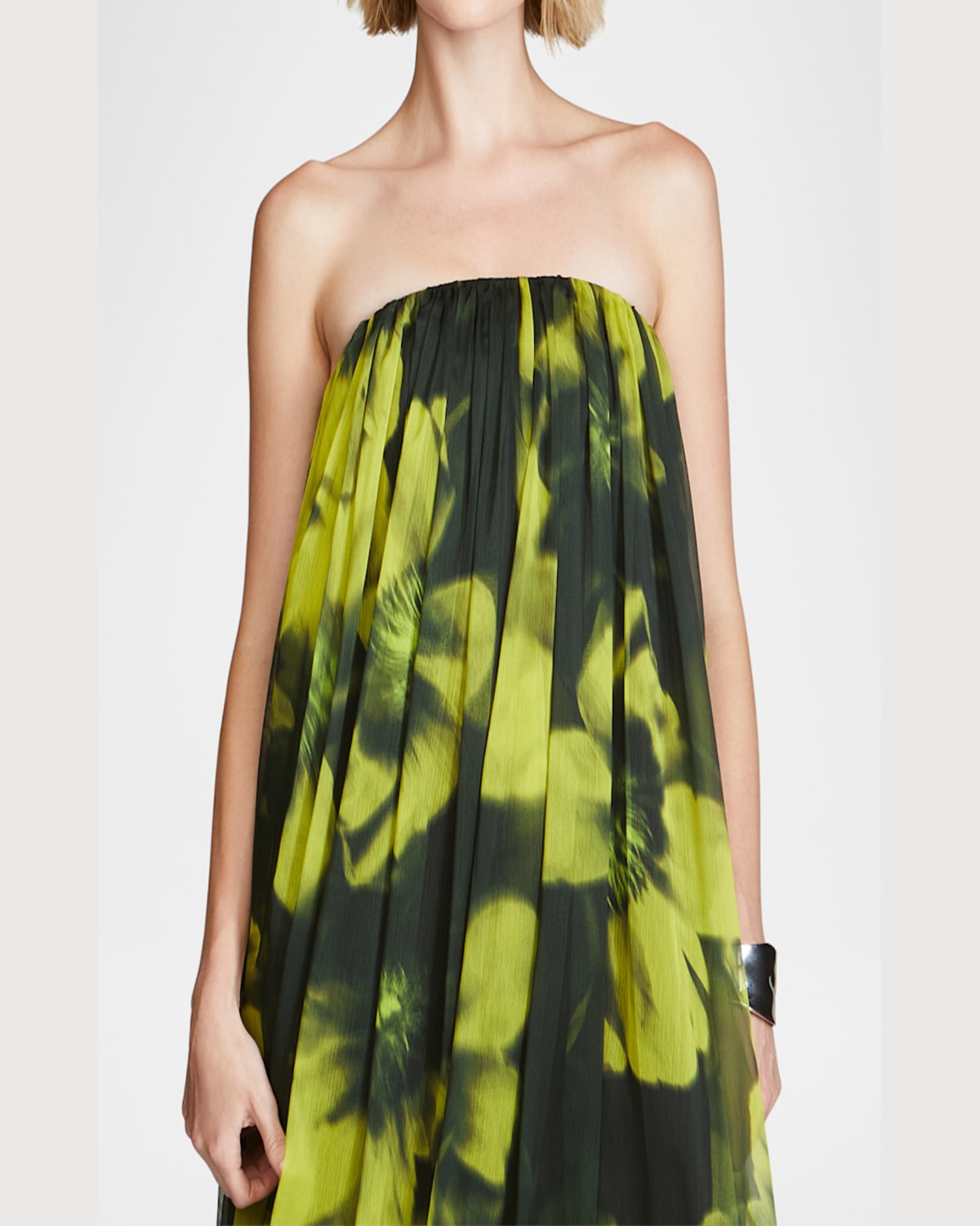 HALSTON CLAUDETTE STRAPLESS FLORAL-PRINT TRAPEZE GOWN 