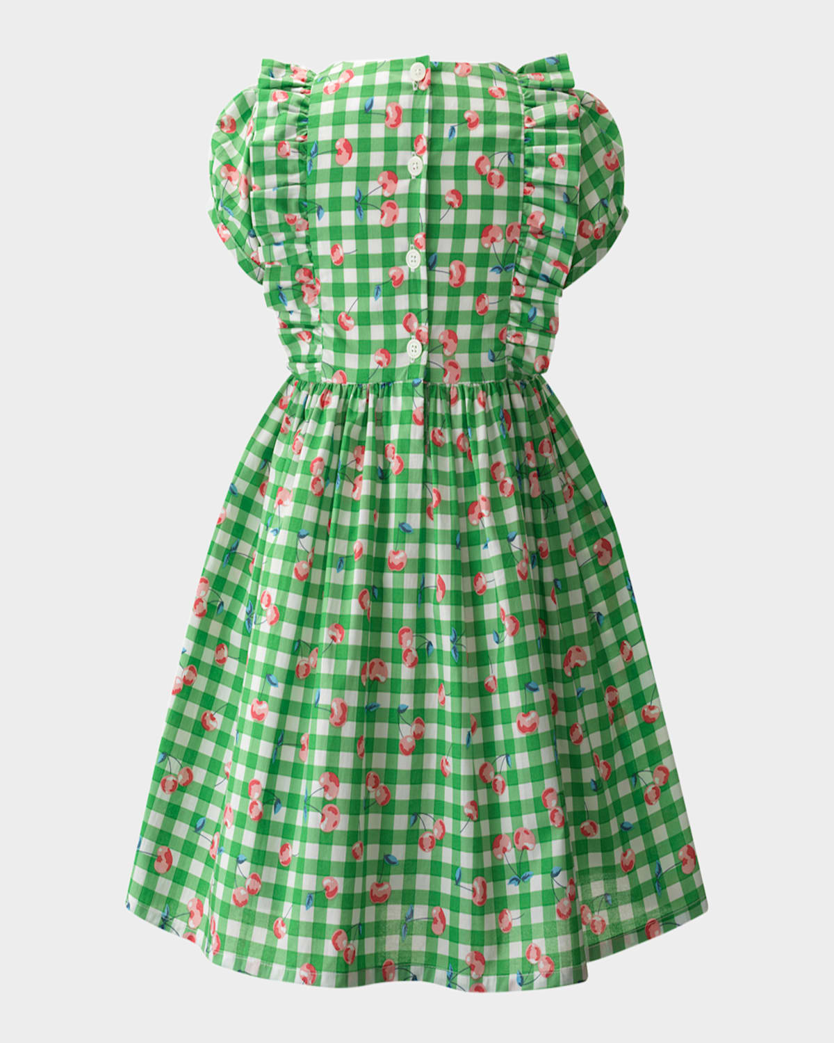 Rachel Riley Girl's Cherry Check Puff-sleeve Dress In Green