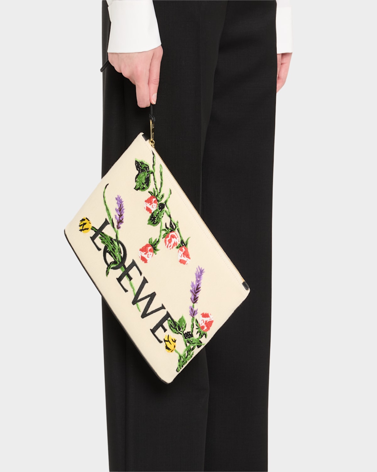 Loewe Oblong Pouch Bag In Canvas With Flowers In Ecru