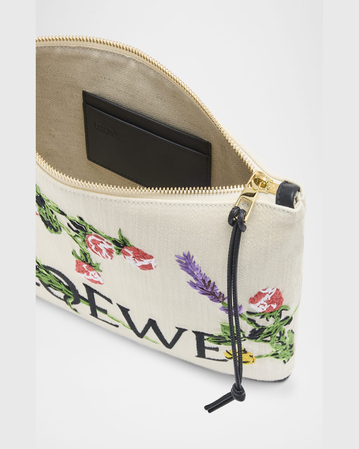 Loewe Oblong Pouch Bag In Canvas With Flowers In Ecru