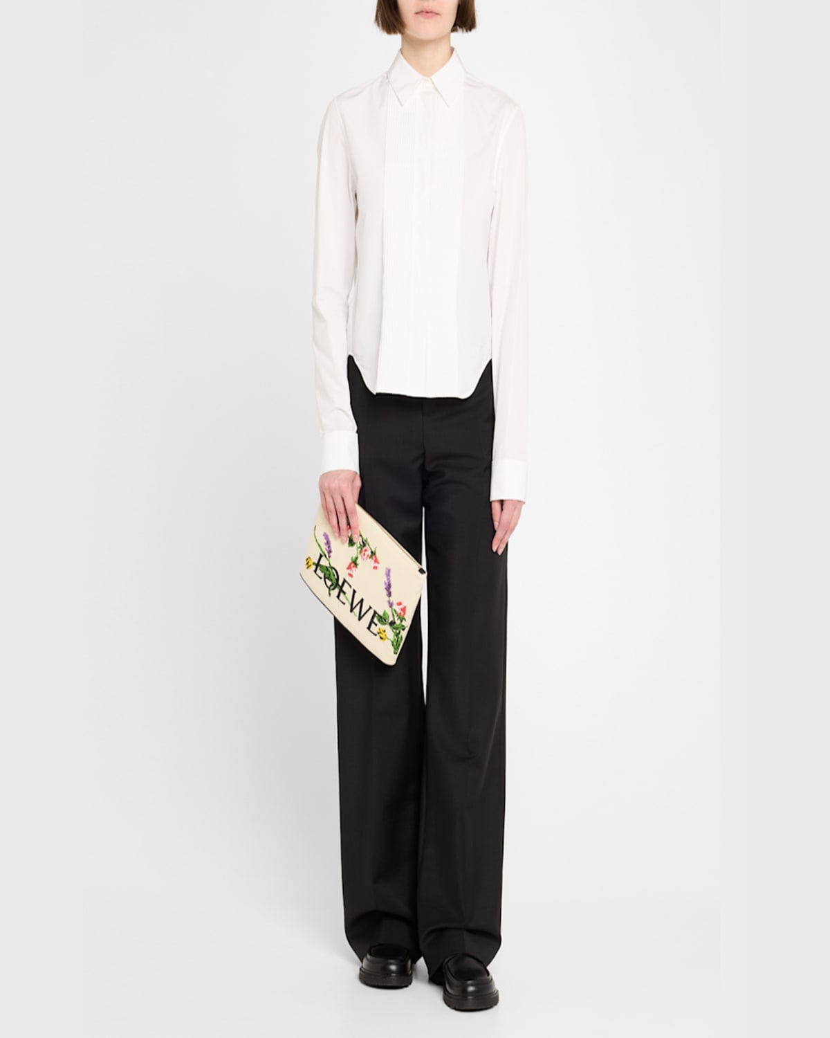 Loewe Oblong Pouch Bag In Canvas With Flowers In Ecru