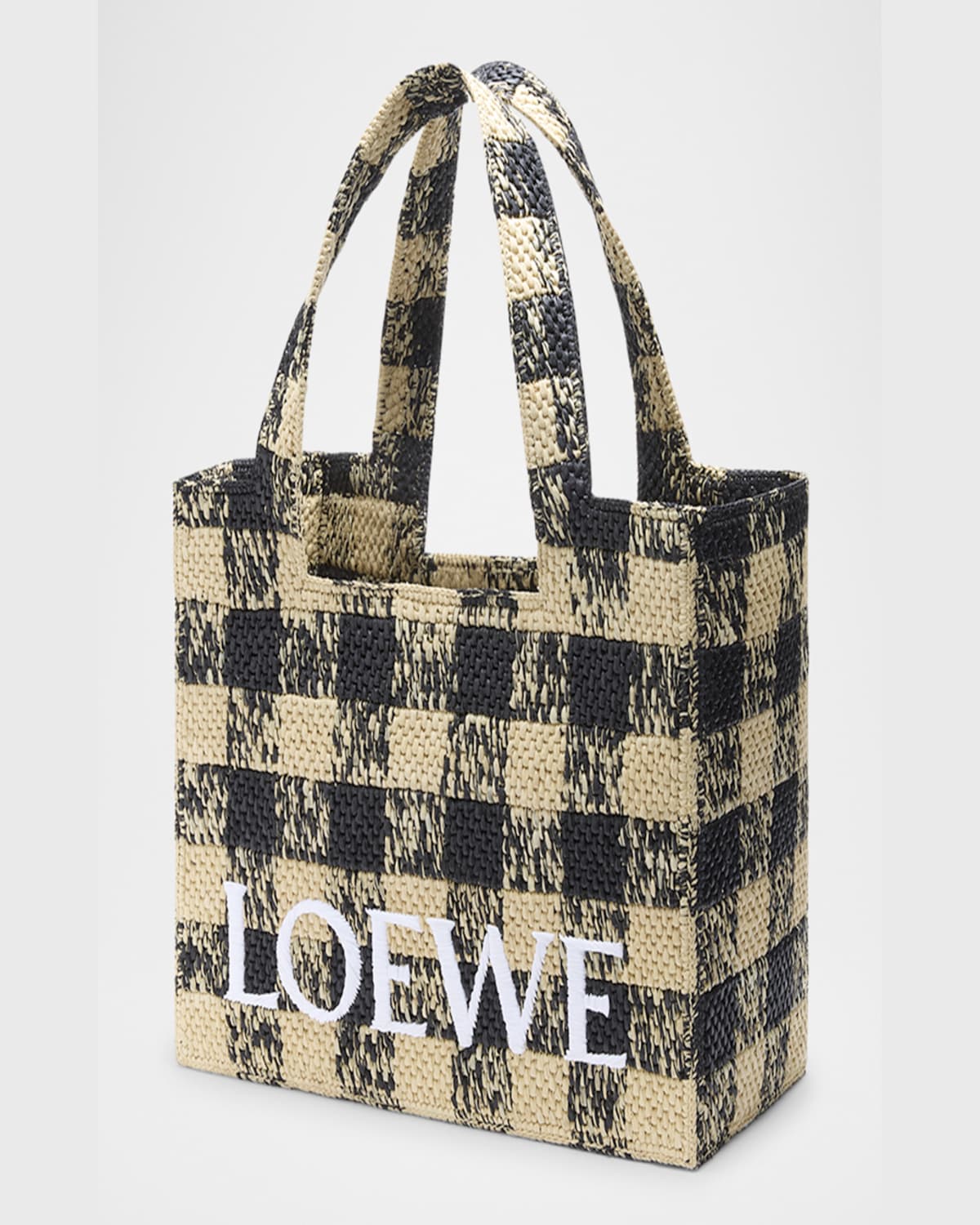 Loewe Large Tote Bag In Gingham Raffia In Naturalblack