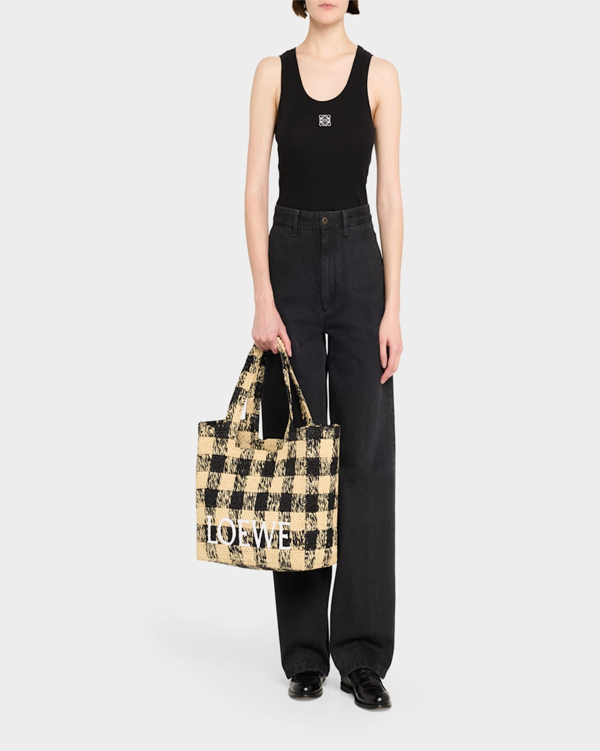 Loewe Large Tote Bag In Gingham Raffia In Naturalblack