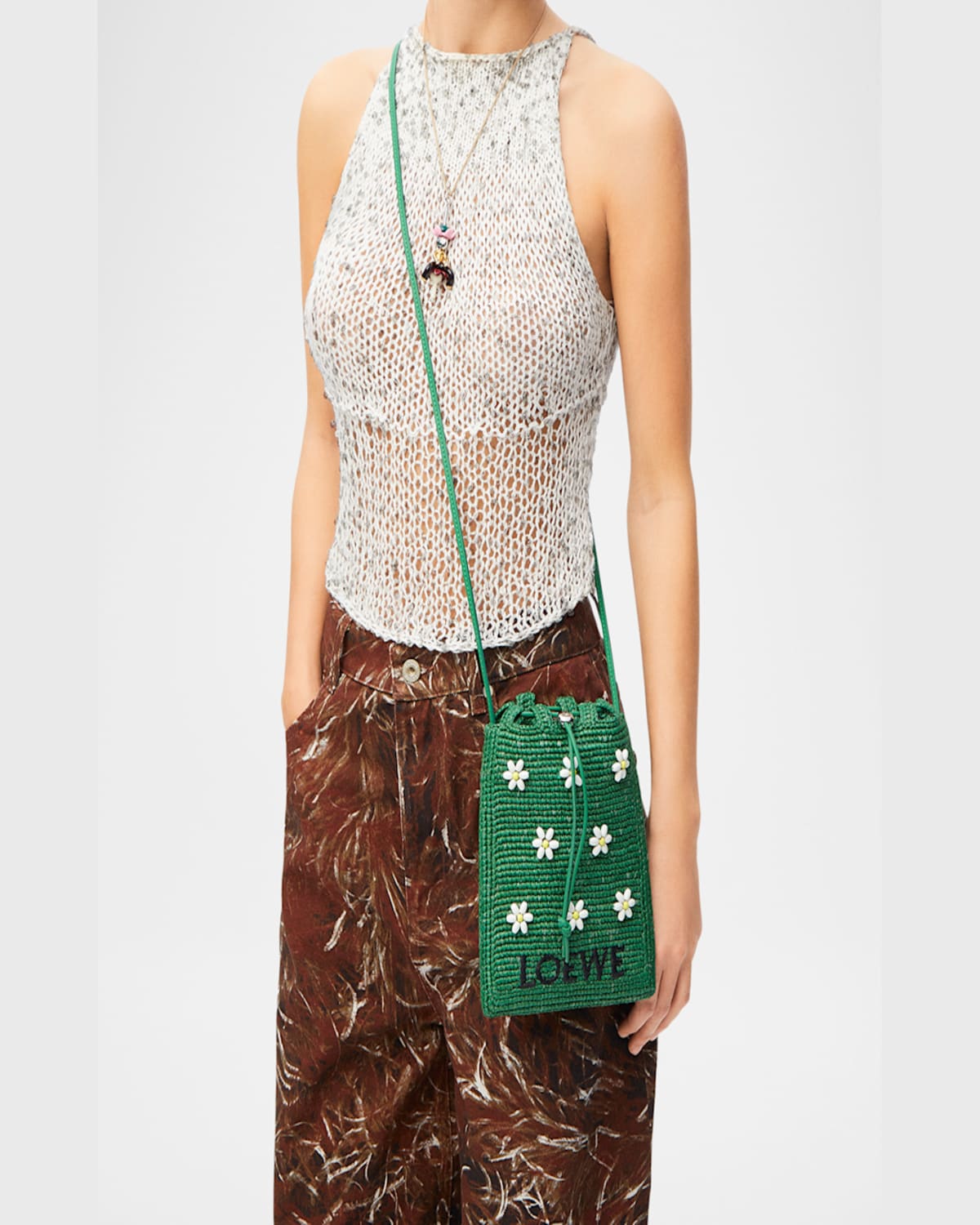 Loewe Drawstring Pocket Flower Crossbody Bag In Raffia