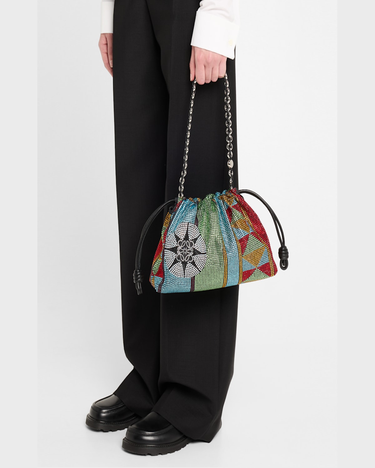 Loewe Flamenco Medium Embellished Shoulder Bag In Denim-print Leather In Multicolor