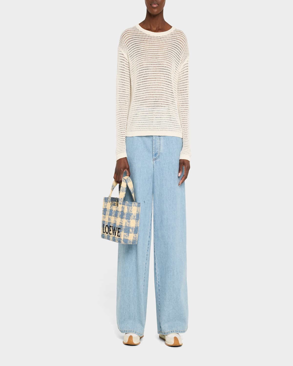 Loewe Small Tote Bag In Gingham Raffia In Naturallight Blue
