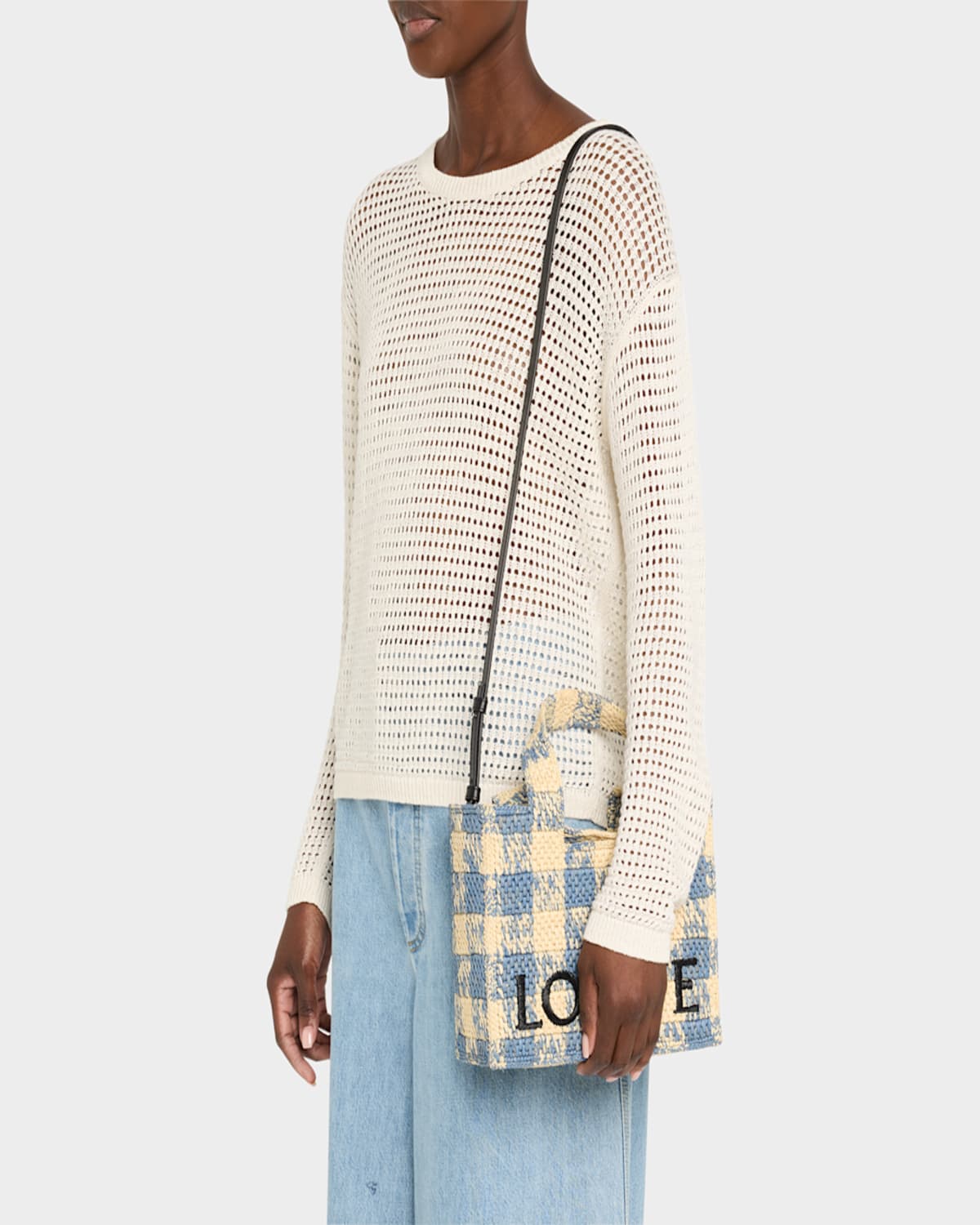 Loewe Small Tote Bag In Gingham Raffia In Naturallight Blue