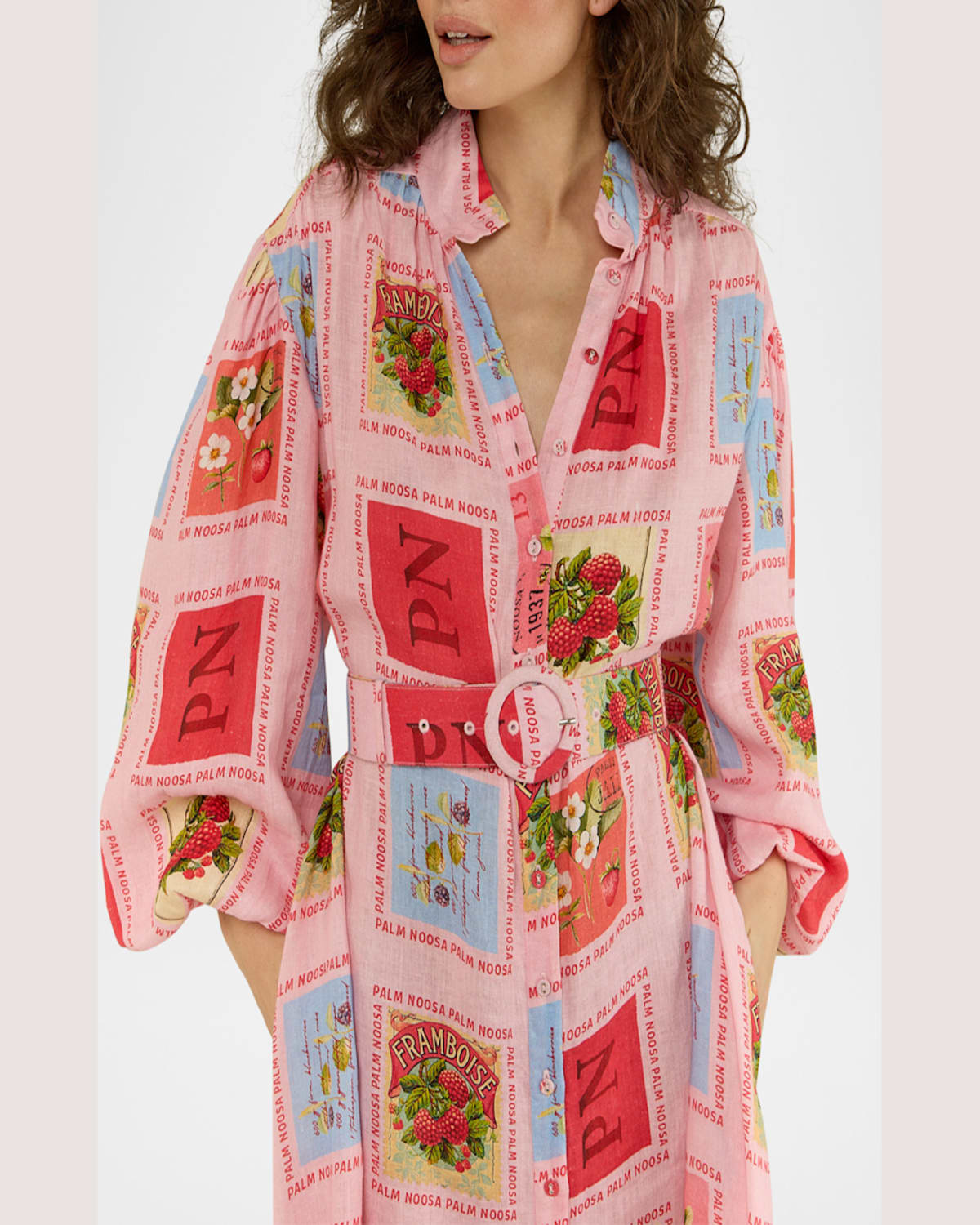 Palm Noosa Noddy Belted Stamp-print Linen Maxi Shirtdress In Strawberry Stamp