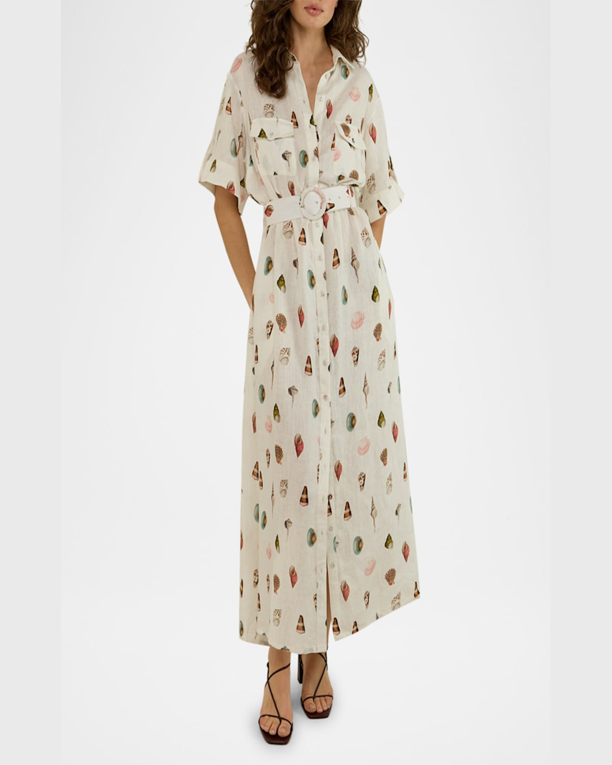PALM NOOSA MEMENTO SEASHELL-PRINT LINEN MAXI SHIRTDRESS 