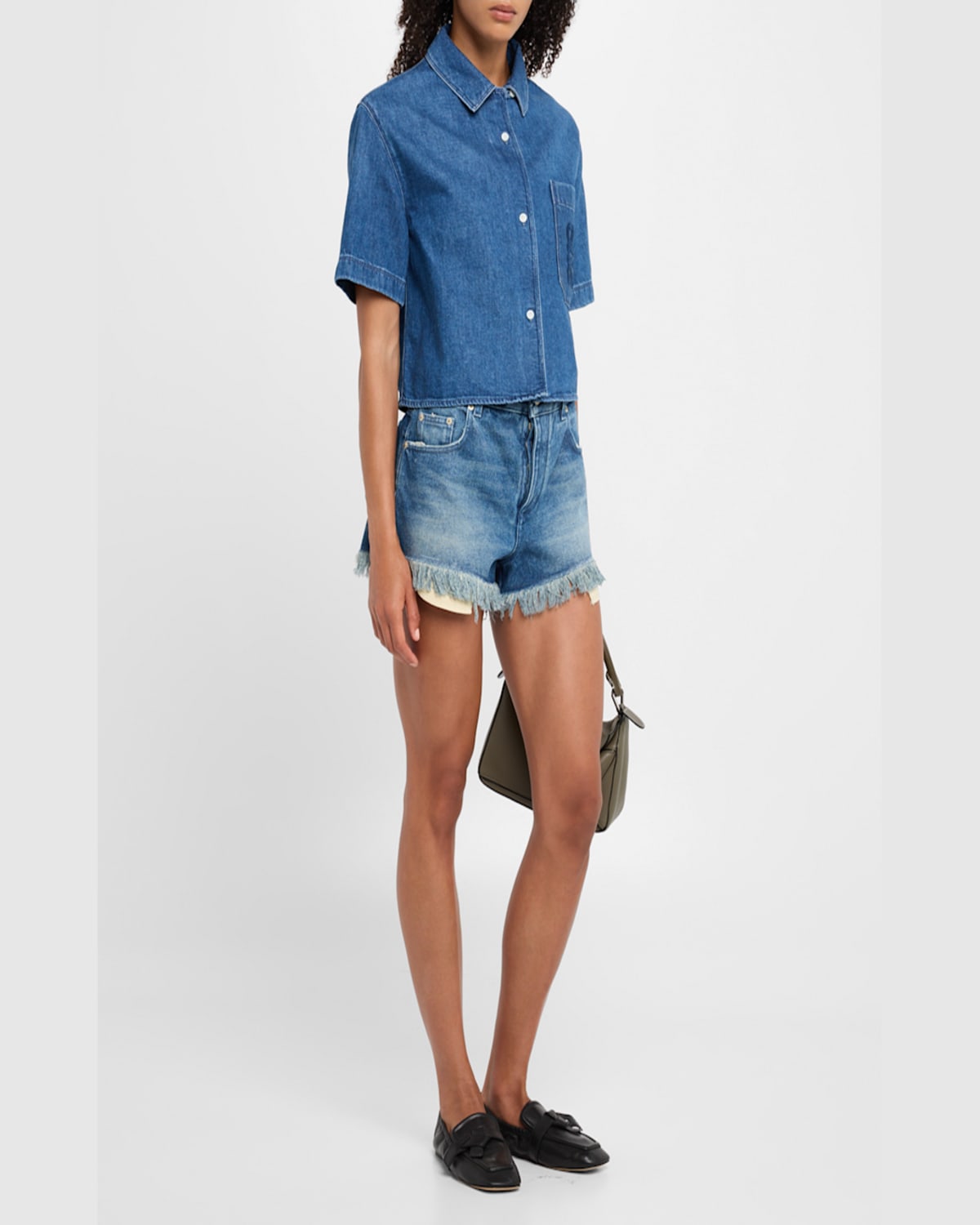 Loewe Anagram Detail Frayed Denim Shorts In Medium Blue