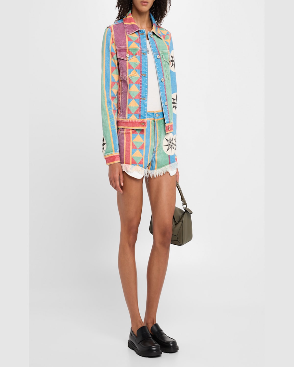 Loewe Geo Print Denim Frayed Peekaboo Shorts In Multicolor