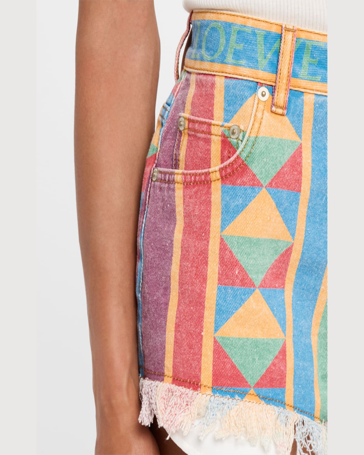 Loewe Geo Print Denim Frayed Peekaboo Shorts In Multicolor