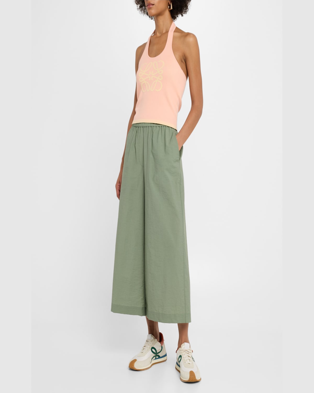 Loewe Anagram Embroidered Wide-leg Crop Pull-on Trousers In Sage