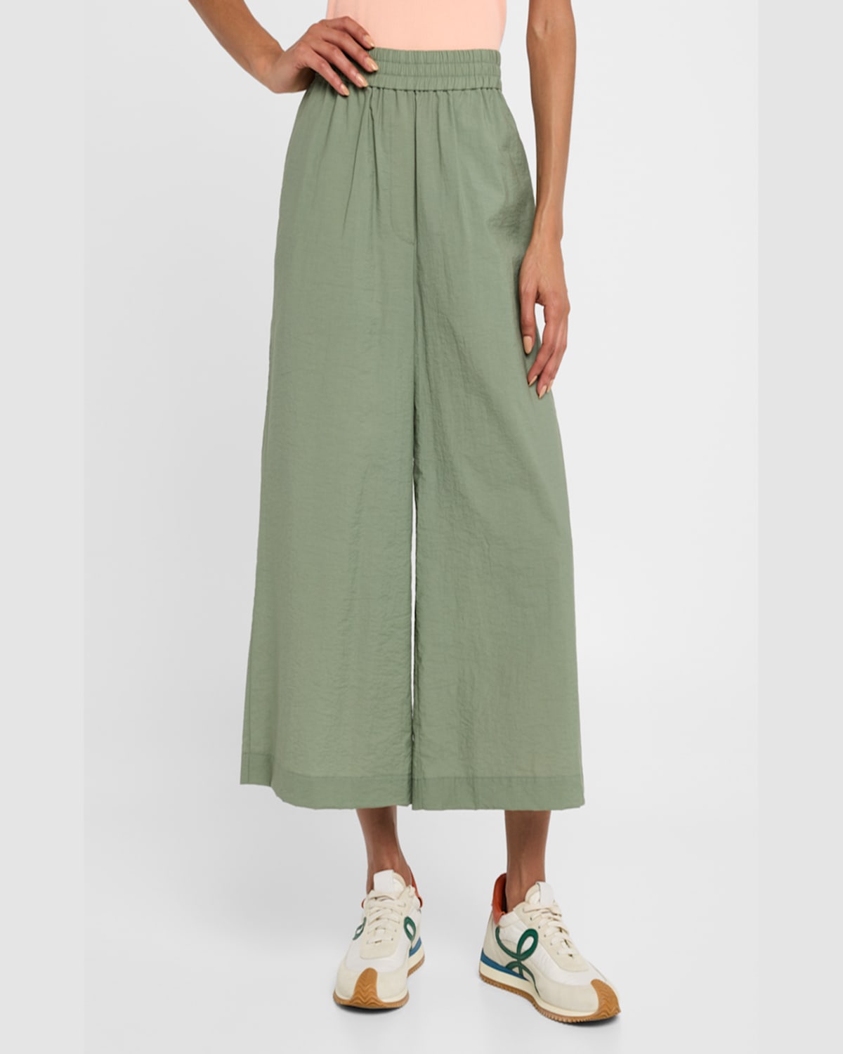 Loewe Anagram Embroidered Wide-leg Crop Pull-on Trousers In Sage
