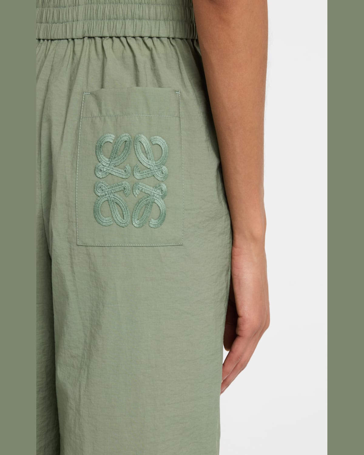 Loewe Anagram Embroidered Wide-leg Crop Pull-on Trousers In Sage