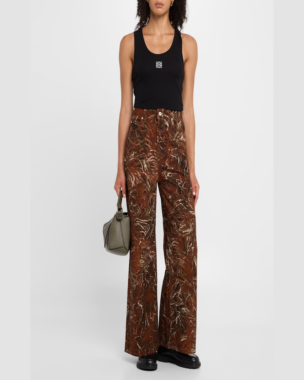 LOEWE FEATHER PRINTED DENIM WIDE-LEG PANTS 