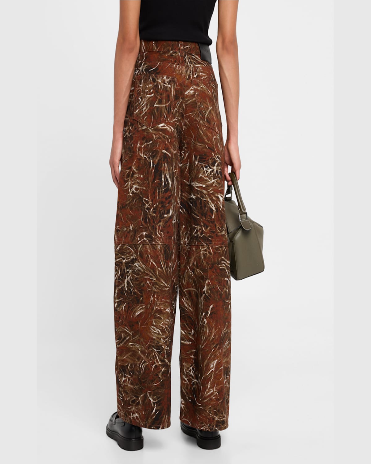 LOEWE FEATHER PRINTED DENIM WIDE-LEG PANTS 
