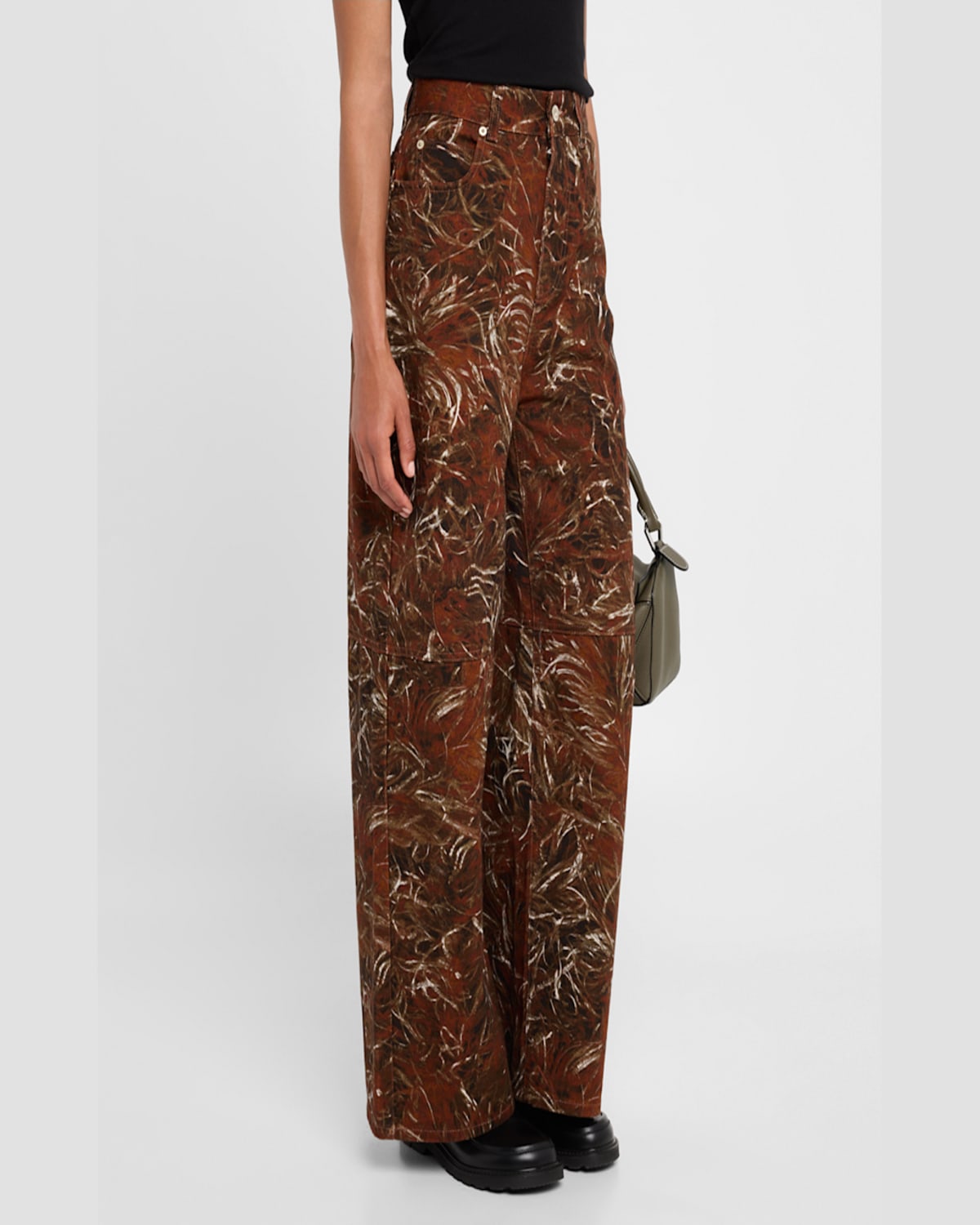 LOEWE FEATHER PRINTED DENIM WIDE-LEG PANTS 