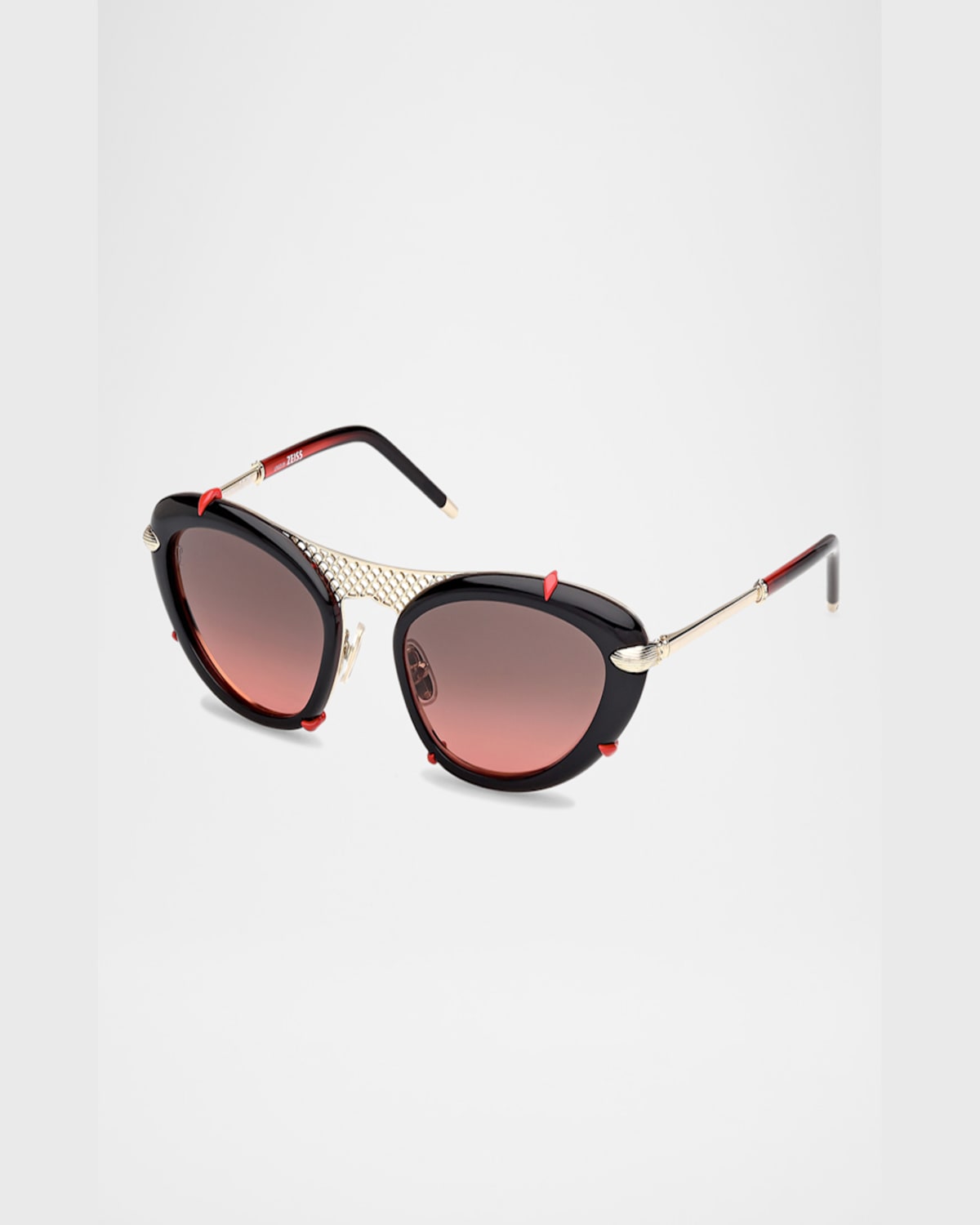Christian Louboutin Spiked Oval Acetate Sunglasses In Shiny Black Front Shiny Pale Gold Red Gradient
