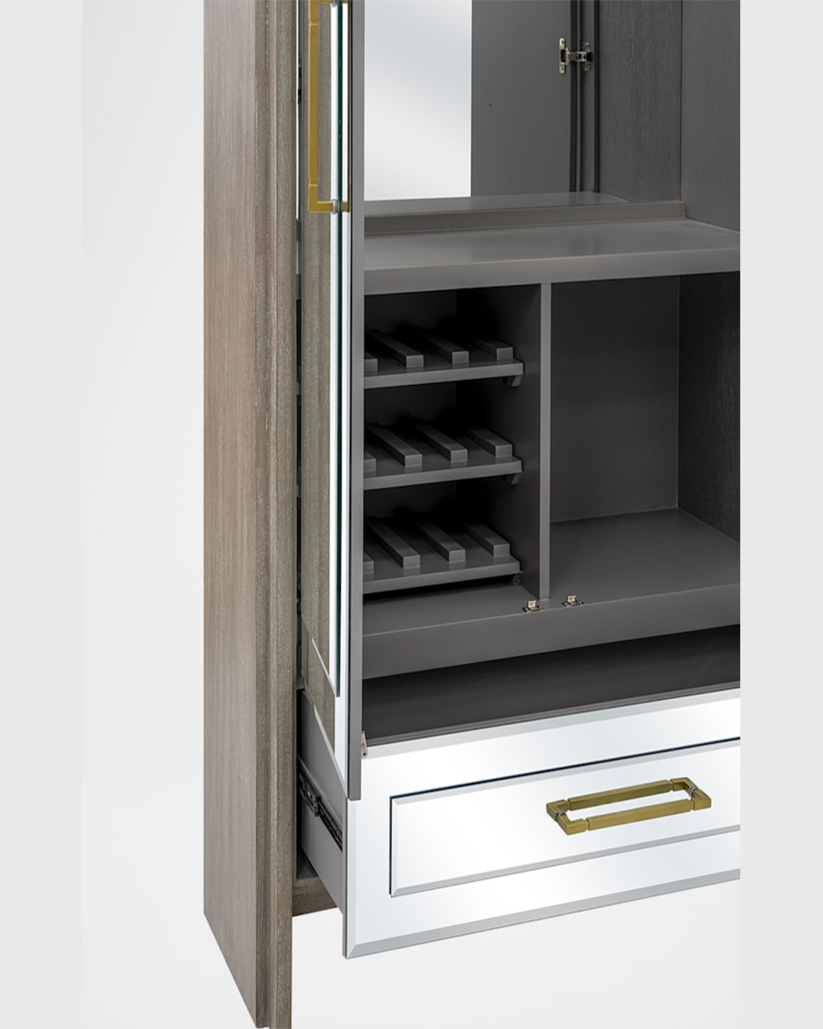 Katherine Noble By Bmc Lansing Tall Bar Cabinet In Grey Oak, Mirror