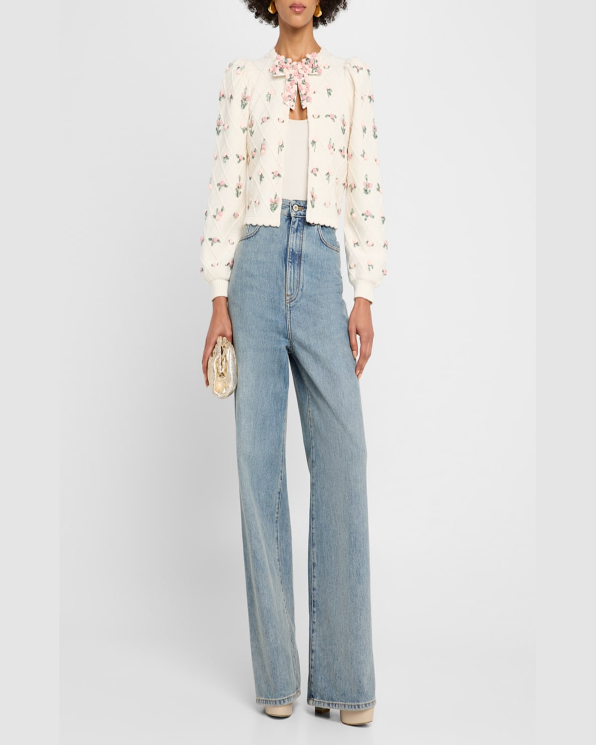 Alice And Olivia Kitty Floral Puff-sleeve Cardigan In Soft White Multi