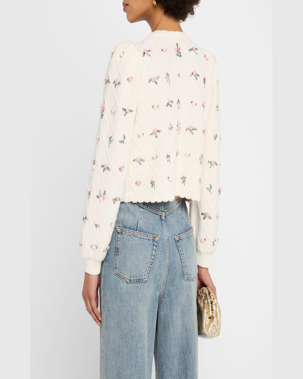 Alice And Olivia Kitty Floral Puff-sleeve Cardigan In Soft White Multi