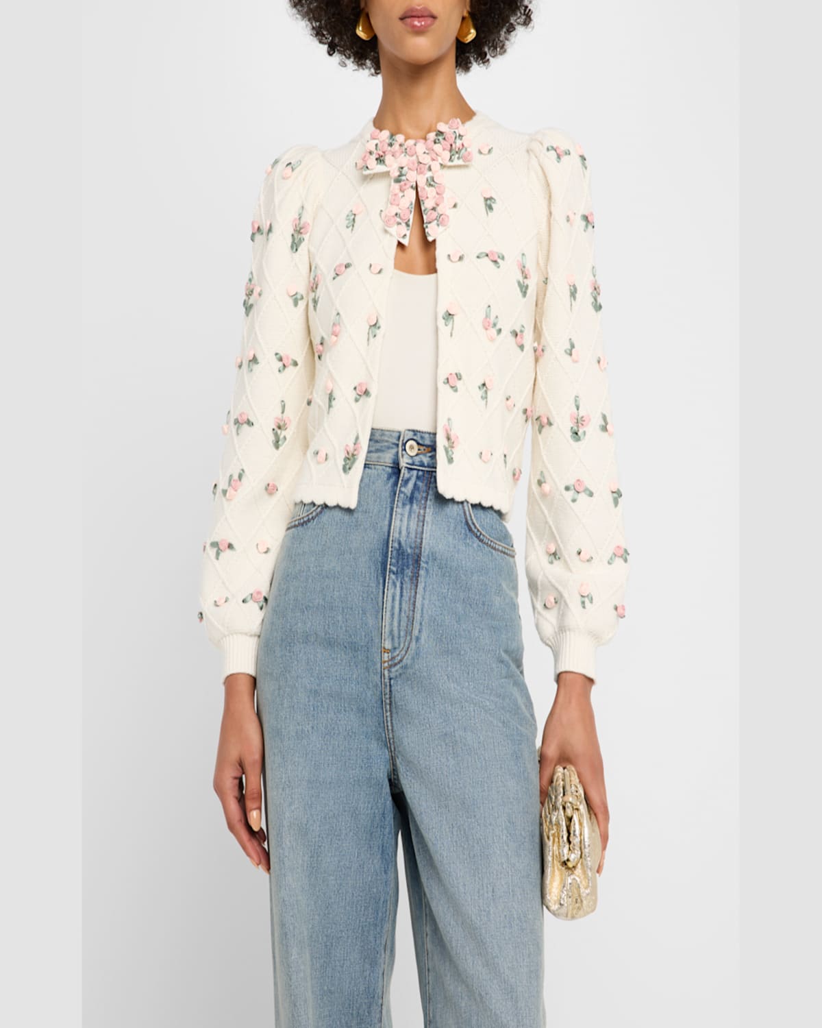 Alice And Olivia Kitty Floral Puff-sleeve Cardigan In Soft White Multi