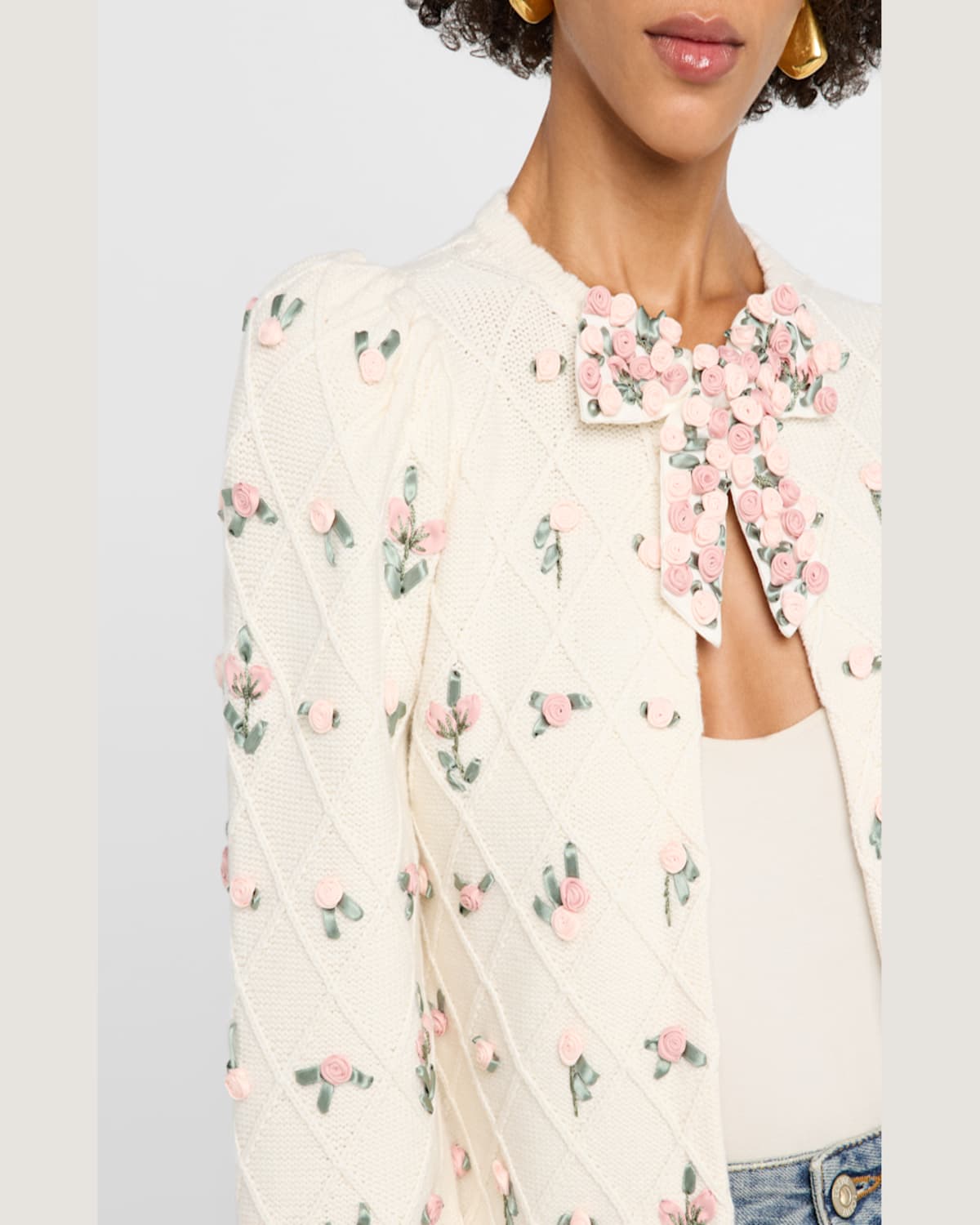 Alice And Olivia Kitty Floral Puff-sleeve Cardigan In Soft White Multi