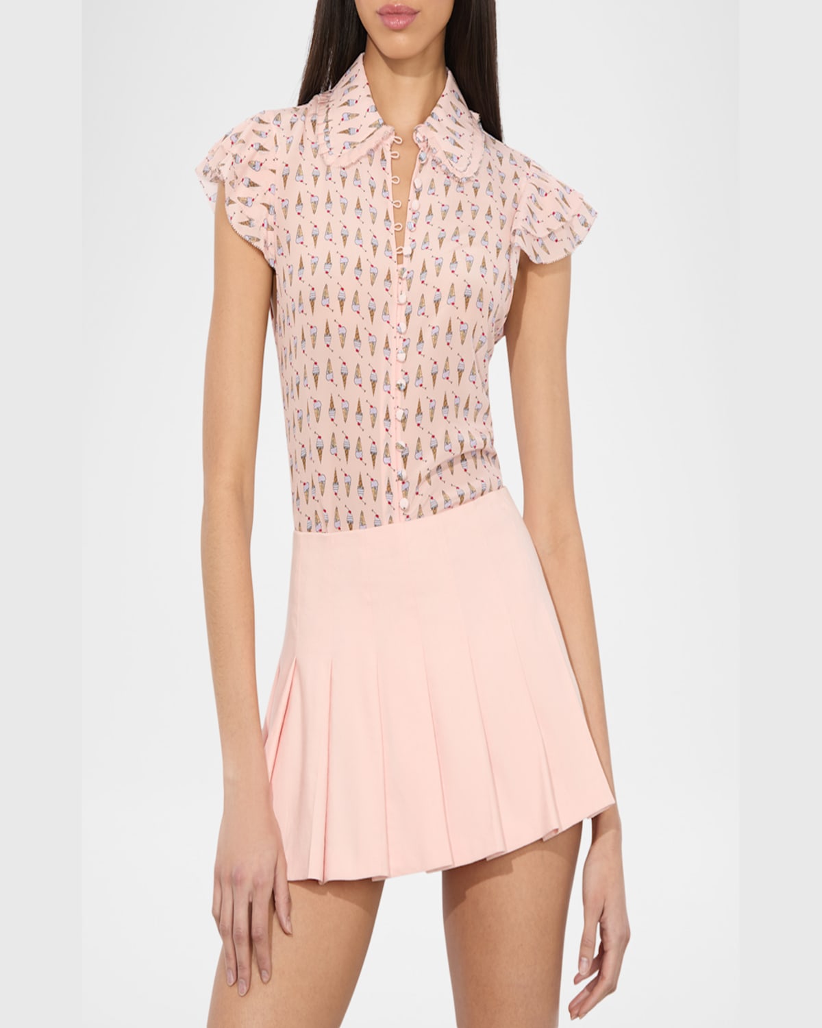 Alice And Olivia Martel Flutter Sleeve Silk Blouse In Sundae Pink Bloom