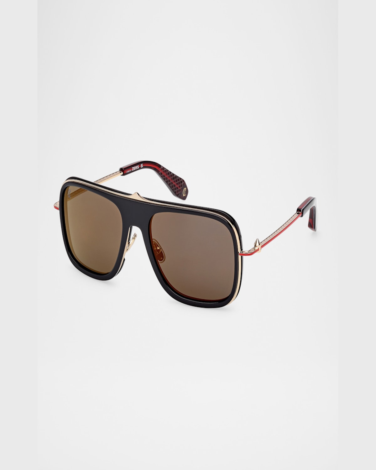 Christian Louboutin Men's Lb0013m Metal Aviator Sunglasses In Shiny Black Pale Gold Red Enamel Smoke Red Flash Lens