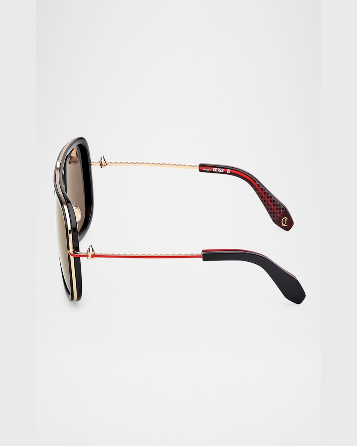 Christian Louboutin Men's Lb0013m Metal Aviator Sunglasses In Shiny Black Pale Gold Red Enamel Smoke Red Flash Lens