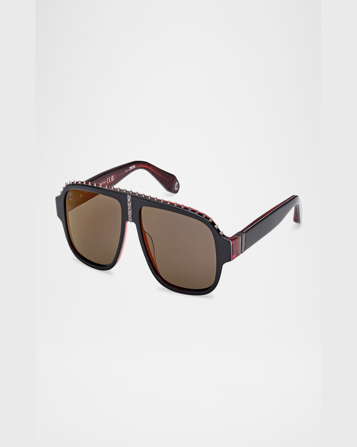 Christian Louboutin Men's Lb0005m Acetate Aviator Sunglasses In Shiny Black Over Red Shiny Gunmetal Smoke W Red Flash