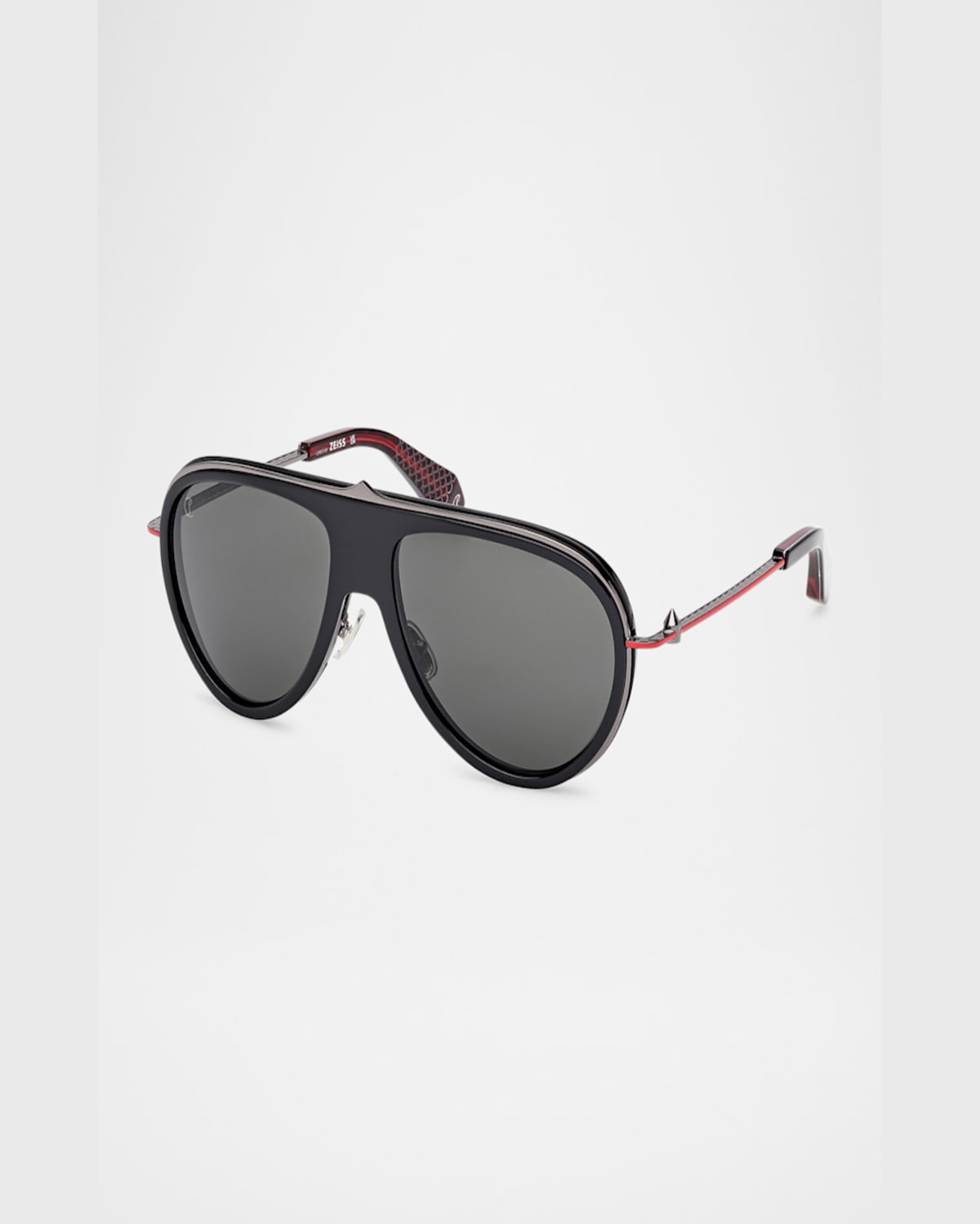 Christian Louboutin Men's Lb0004m Metal Aviator Sunglasses In Shiny Black Front Gunmetal Over Red Enamel Temple Smoke Lens