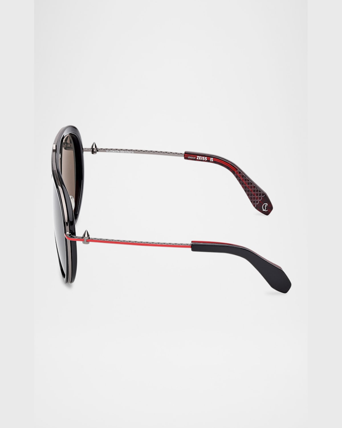 Christian Louboutin Men's Lb0004m Metal Aviator Sunglasses In Shiny Black Front Gunmetal Over Red Enamel Temple Smoke Lens