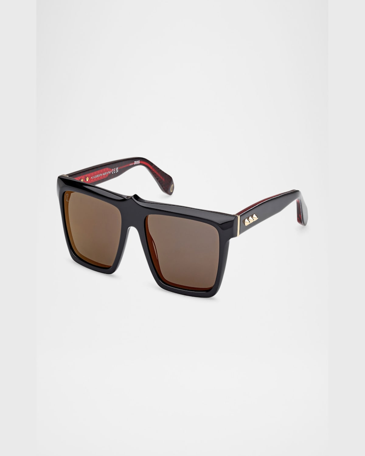 Christian Louboutin Men's Lb0014m Acetate Square Sunglasses In Shiny Black Shiny Pale Gold Smoke W Red Flash