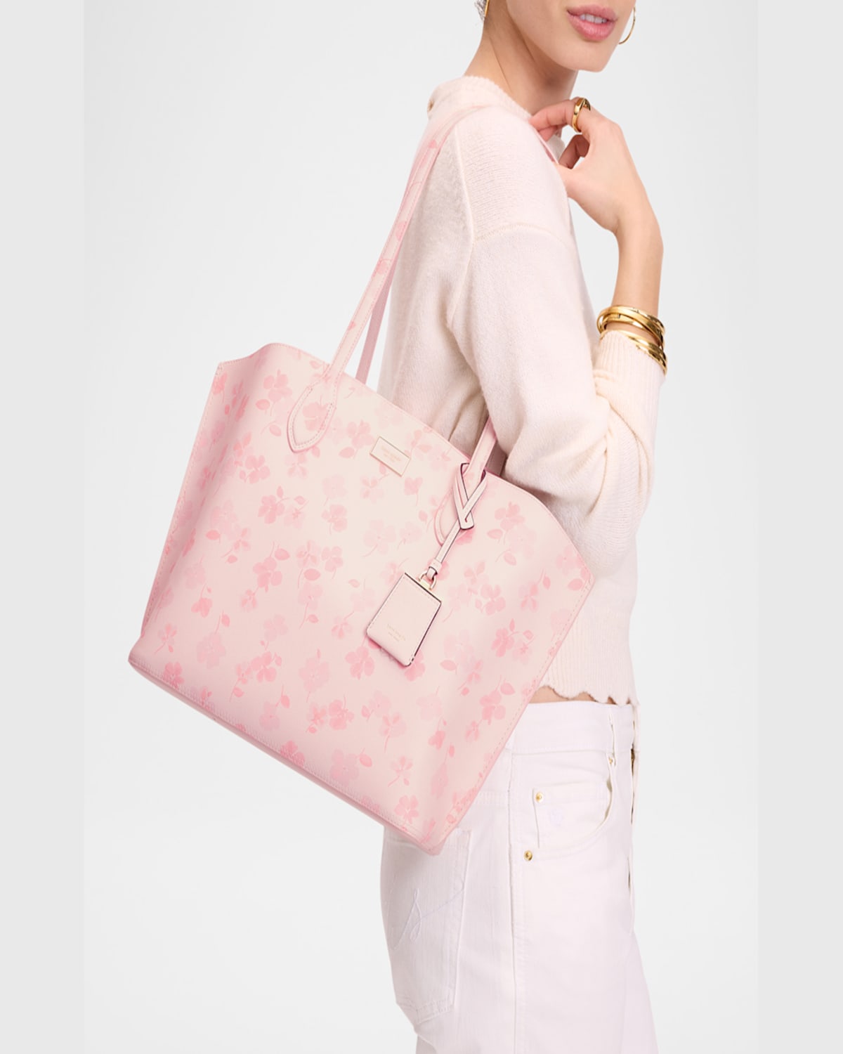 Kate Spade Suite Large Spring Pansies Leather Tote Bag In Blush Cloud Multi