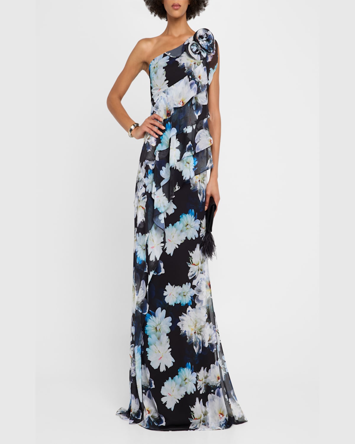 Rickie Freeman For Teri Jon One-shoulder Ruffle Chiffon Gown In Black Mult