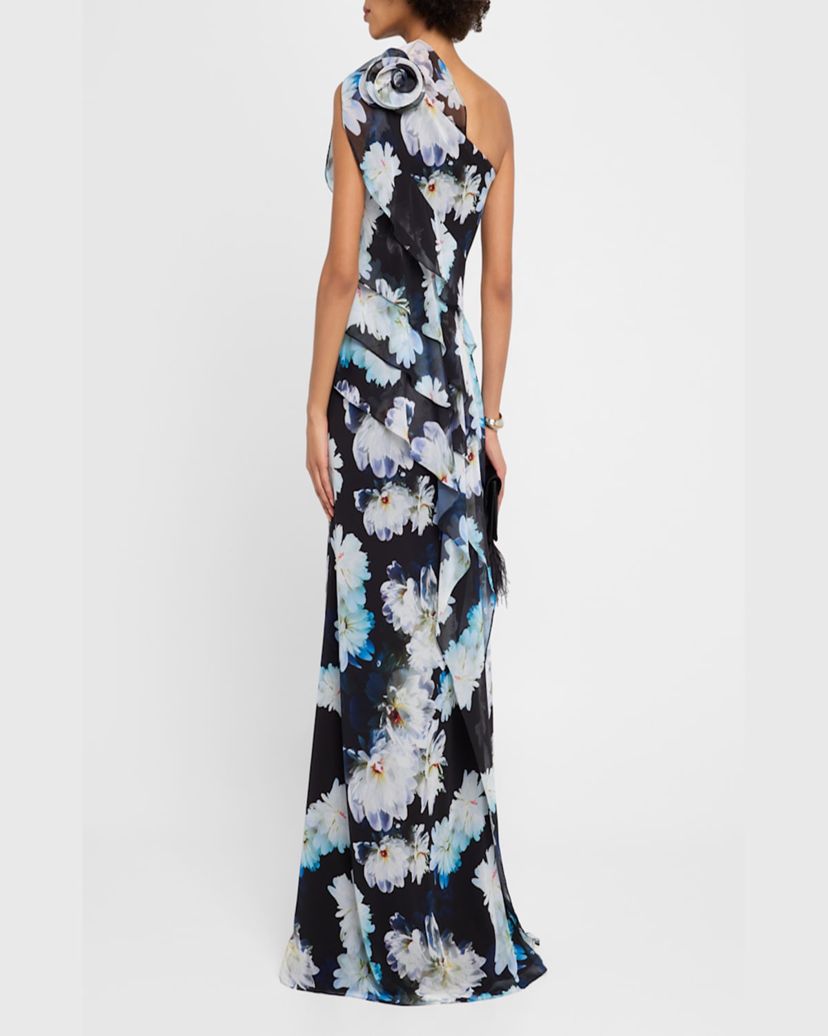 Rickie Freeman For Teri Jon One-shoulder Ruffle Chiffon Gown In Black Mult