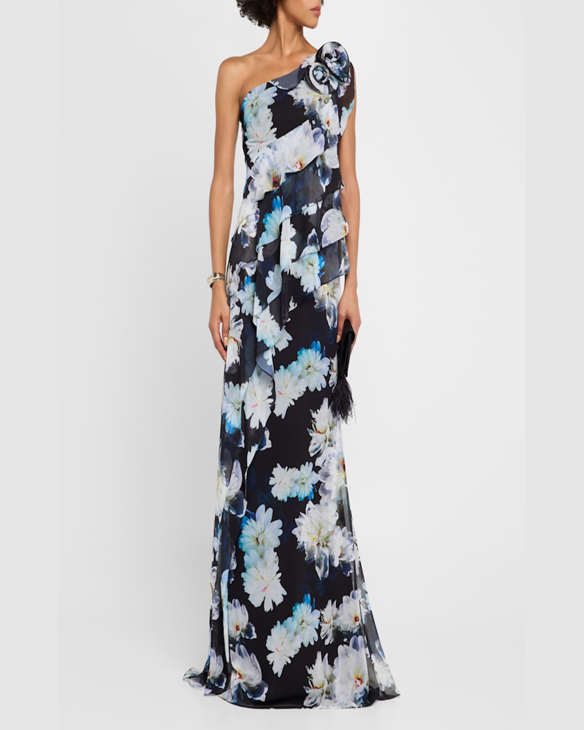 Rickie Freeman For Teri Jon One-shoulder Ruffle Chiffon Gown In Black Mult