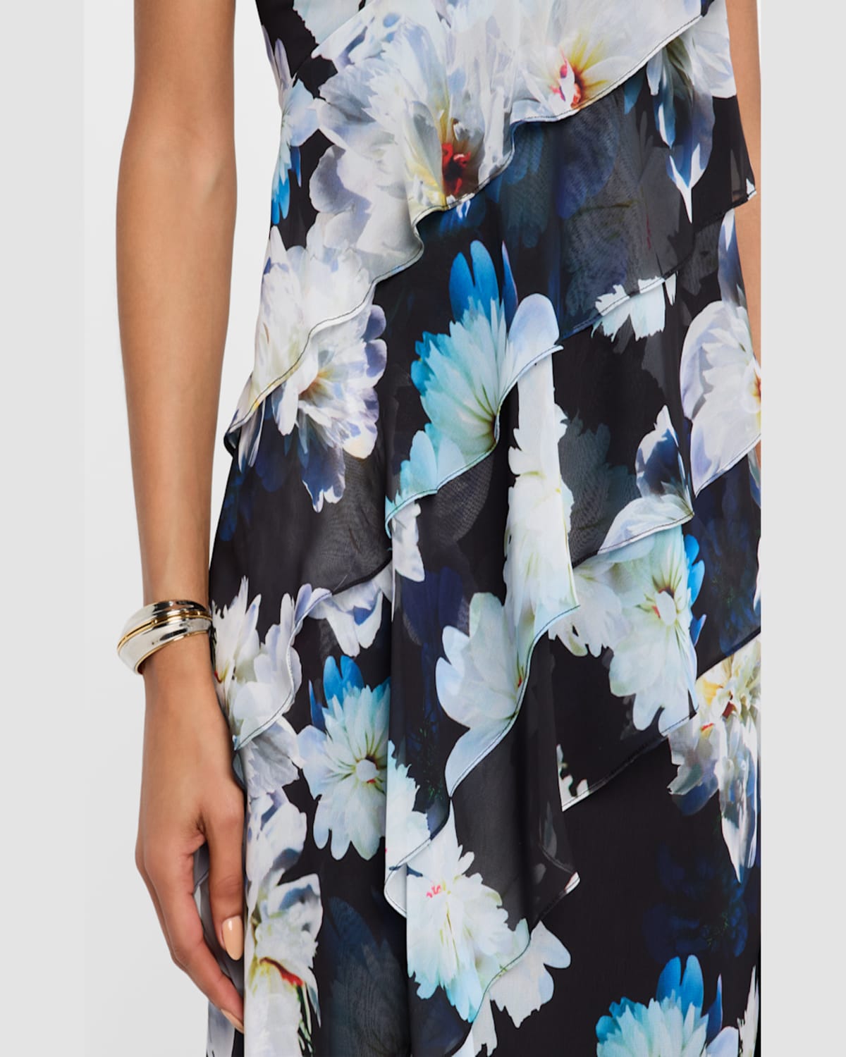 Rickie Freeman For Teri Jon One-shoulder Ruffle Chiffon Gown In Black Mult