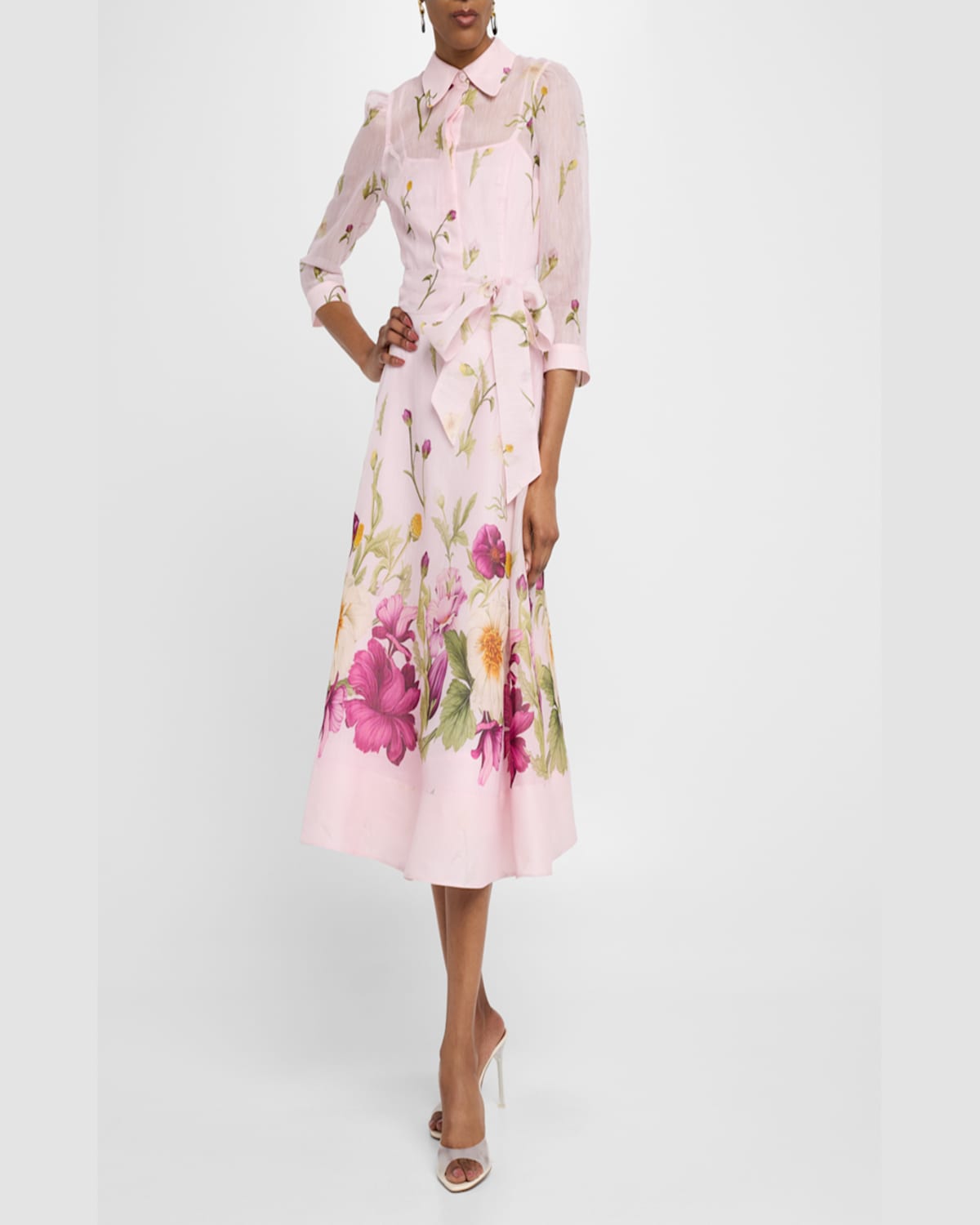 Rickie Freeman For Teri Jon Floral-print Silk Blend Midi Shirtdress In Pink Multi