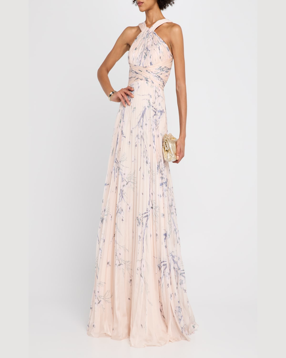 Rickie Freeman For Teri Jon Pleated Floral-print Halter Gown In Cream Mult