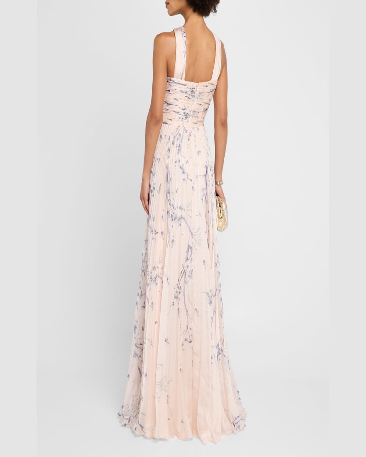 Rickie Freeman For Teri Jon Pleated Floral-print Halter Gown In Cream Mult