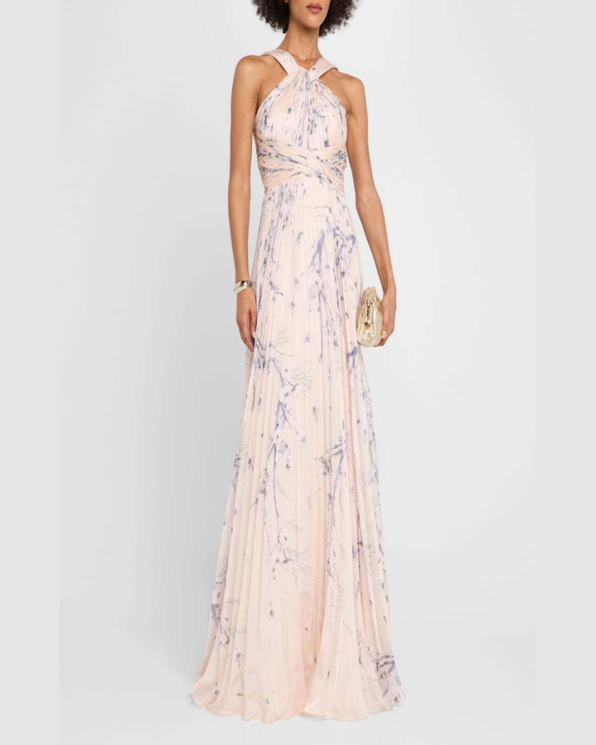 Rickie Freeman For Teri Jon Pleated Floral-print Halter Gown In Cream Mult