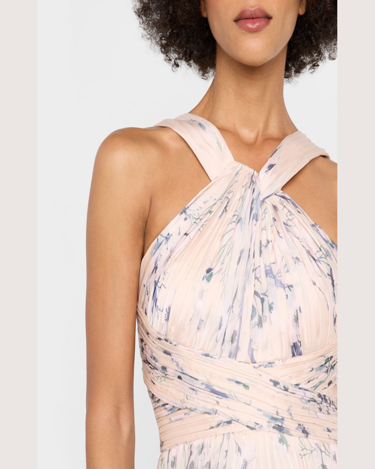 Rickie Freeman For Teri Jon Pleated Floral-print Halter Gown In Cream Mult