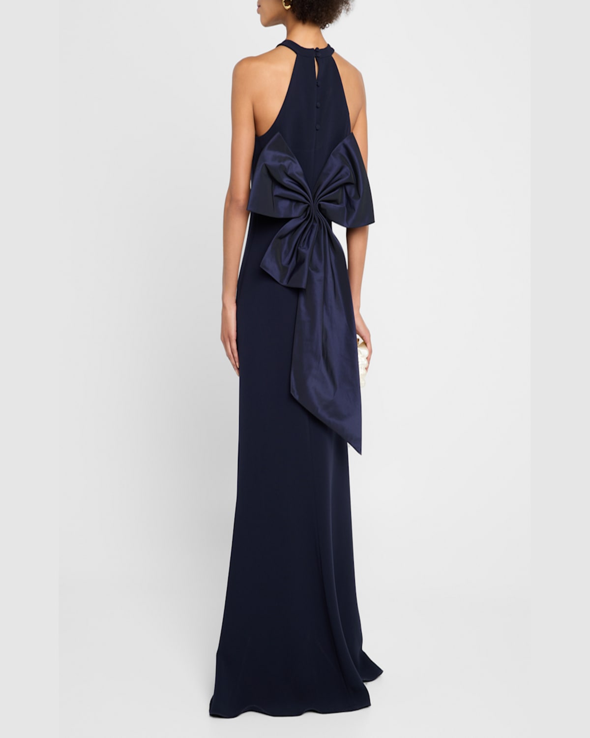 Rickie Freeman For Teri Jon Bow-back Crepe Halter Column Gown In Navy