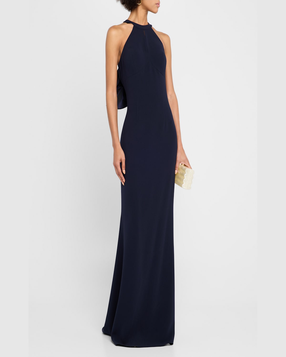 Rickie Freeman For Teri Jon Bow-back Crepe Halter Column Gown In Navy
